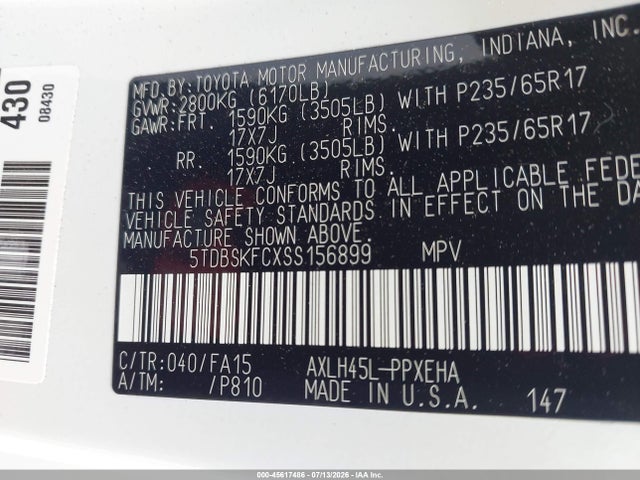 Aukcja sprzedaży 2025 Toyota Sienna Le, vin: 5TDBSKFCXSS156899, numer aukcji: 45617486
