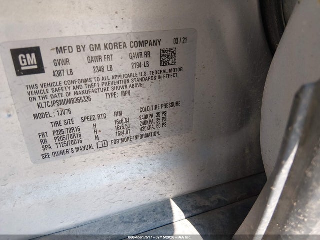 KL7CJPSM0MB365336 Chevrolet Trax Awd Lt