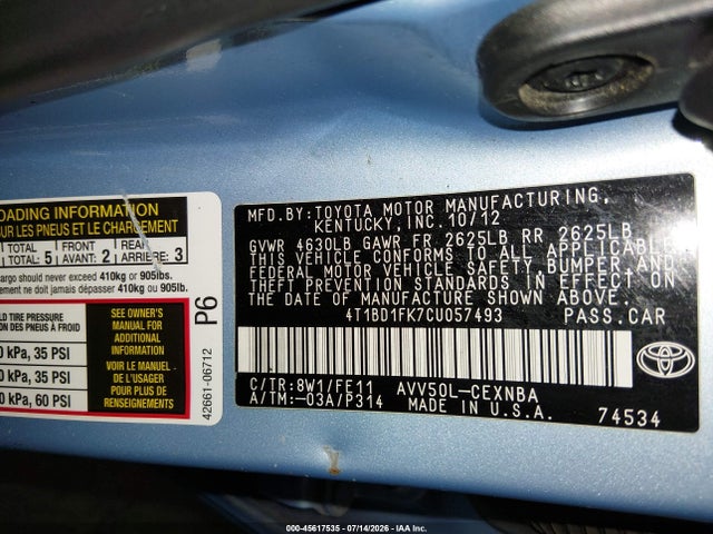 Auction sale of the 2012 Toyota Camry Hybrid Le, vin: 4T1BD1FK7CU057493, lot number: 45617535