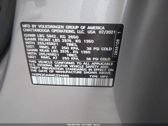 45617552 :رقم المزاد ، 1V2FE2CA4MC234866 vin ، 2021 Volkswagen Atlas Cross Sport 3.6l V6 Sel Premium R-line مزاد بيع