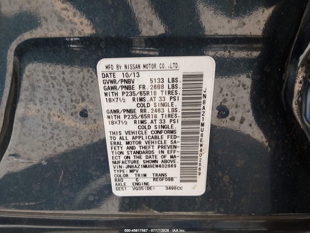 JN8AZ1MU8EW402869 Nissan MURANO SV