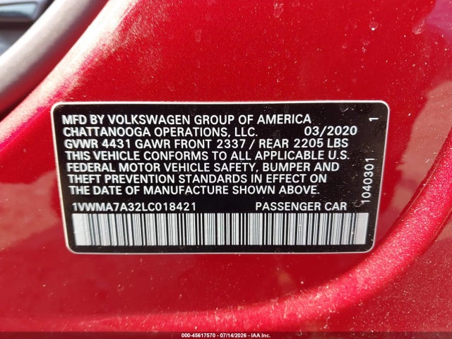 Auction sale of the 2020 Volkswagen Passat 2.0t R-line, vin: 1VWMA7A32LC018421, lot number: 45617570