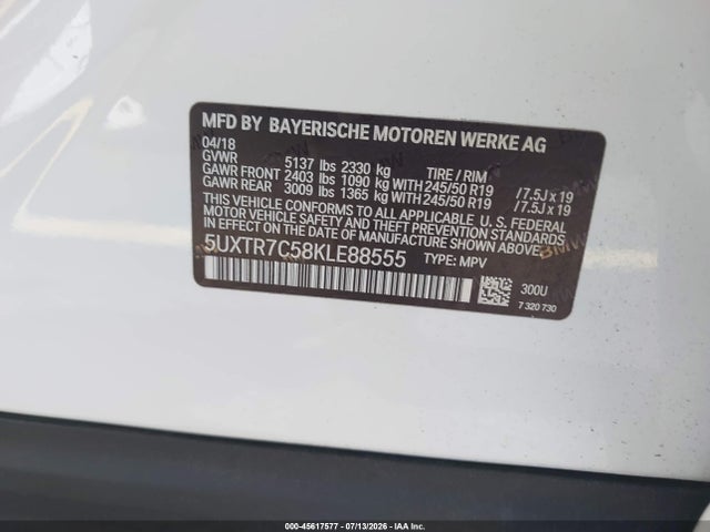 Продажа на аукционе авто 2019 Bmw X3 Sdrive30i, vin: 5UXTR7C58KLE88555, номер лота: 45617577