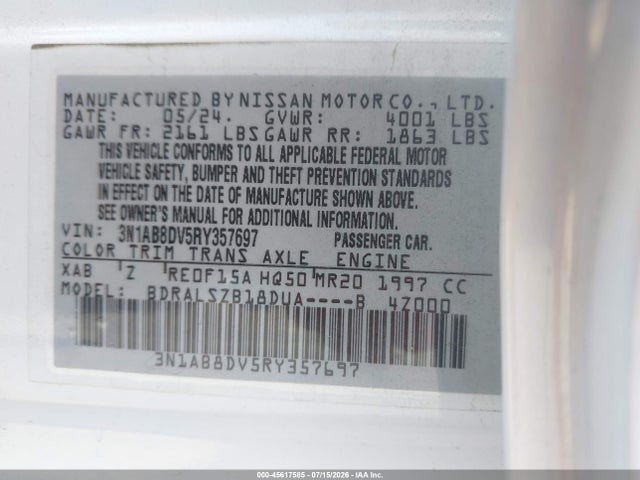 3N1AB8DV5RY357697 Nissan Sentra Sr Xtronic Cvt