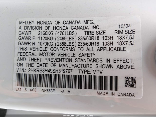 45617586 :رقم المزاد ، 2HKRS3H49SH319767 vin ، 2025 Honda Cr-v Ex 2wd مزاد بيع