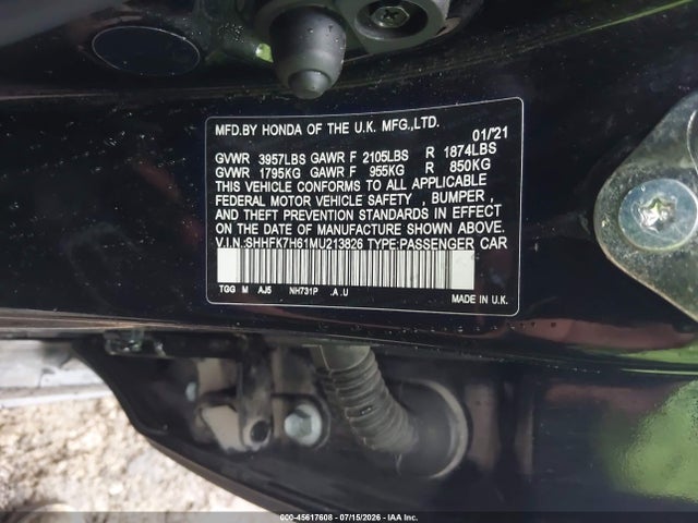 45617608 :رقم المزاد ، SHHFK7H61MU213826 vin ، 2021 Honda Civic Ex مزاد بيع