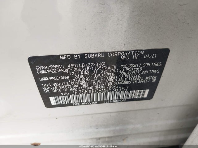 2021 Subaru Forester Premium მანქანა იყიდება აუქციონზე, vin: JF2SKAFC8MH536357, აუქციონის ნომერი: 45617613