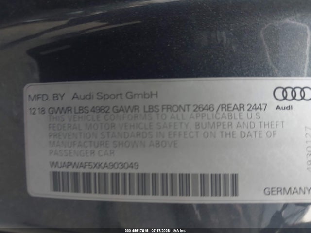45617615 :رقم المزاد ، WUAPWAF5XKA903049 vin ، 2019 Audi Rs 5 2.9t مزاد بيع