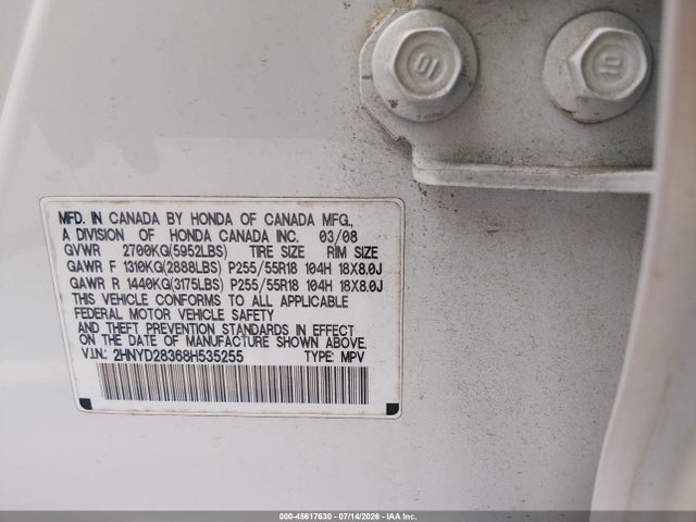 Продаж на аукціоні авто 2008 Acura Mdx Technology Package, vin: 2HNYD28368H535255, номер лоту: 45617630