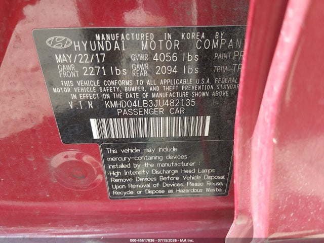 Продажа на аукционе авто 2018 Hyundai Elantra Sport, vin: KMHD04LB3JU482135, номер лота: 45617636