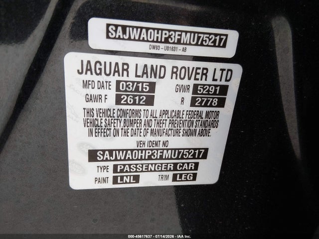45617637 :رقم المزاد ، SAJWA0HP3FMU75217 vin ، 2015 Jaguar Xf 5.0l Supercharged مزاد بيع