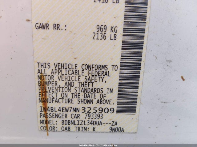 45617641 :رقم المزاد ، 1N4BL4EW7MN325909 vin ، 2021 Nissan Altima Sl Intelligent Awd مزاد بيع