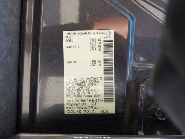 45617657 :رقم المزاد ، 1N4AL2AP6BN466319 vin ، 2011 Nissan Altima 2.5 مزاد بيع