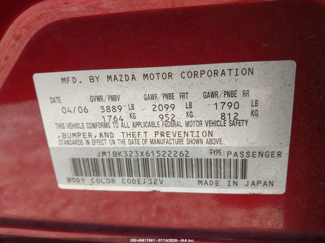 Aukcja sprzedaży 2006 Mazda Mazda3 S, vin: JM1BK323X61522262, numer aukcji: 45617661