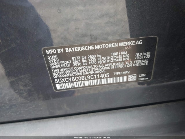 45617672 :رقم المزاد ، 5UXCY6C08L9C11405 vin ، 2020 Bmw X6 Xdrive40i مزاد بيع