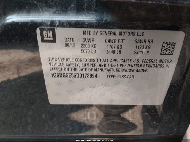 45617679 :رقم المزاد ، 1G6DG5E55D0178994 vin ، 2013 Cadillac Cts Luxury مزاد بيع
