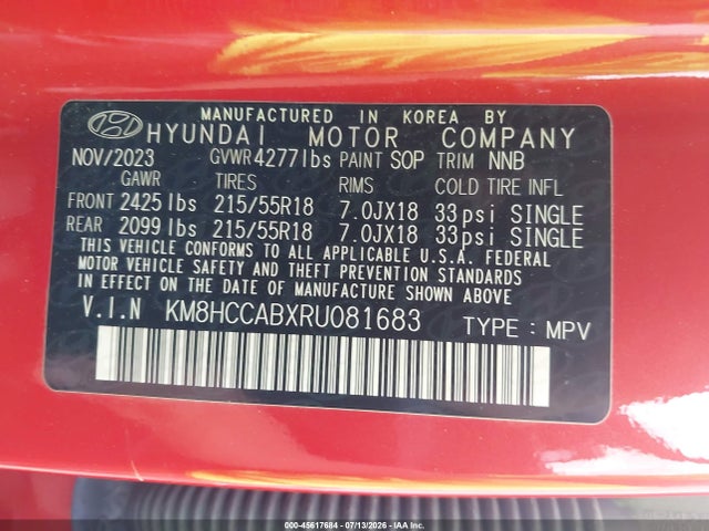 Продаж на аукціоні авто 2024 Hyundai Kona Sel, vin: KM8HCCABXRU081683, номер лоту: 45617684