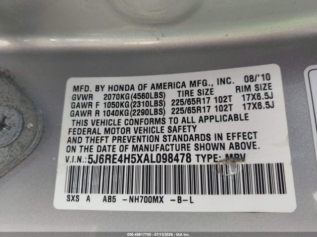Продаж на аукціоні авто 2010 Honda Cr-v Ex, vin: 5J6RE4H5XAL098478, номер лоту: 45617700