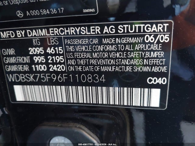 45617701 :رقم المزاد ، WDBSK75F96F110834 vin ، 2006 Mercedes-benz Sl 500 مزاد بيع