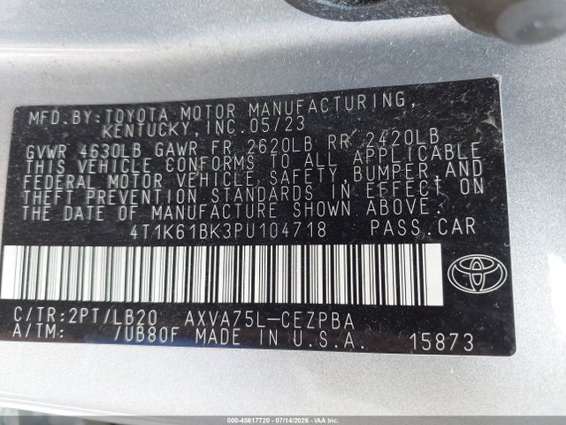 2023 Toyota Camry Xse Awd მანქანა იყიდება აუქციონზე, vin: 4T1K61BK3PU104718, აუქციონის ნომერი: 45617720