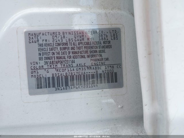 Aukcja sprzedaży 2019 Nissan Sentra S, vin: 3N1AB7AP6KY231144, numer aukcji: 45617722