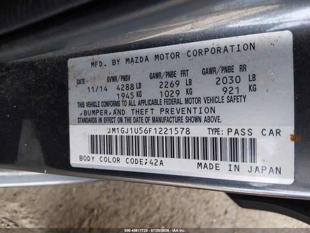Aukcja sprzedaży 2015 Mazda Mazda6 I Sport, vin: JM1GJ1U56F1221578, numer aukcji: 45617728
