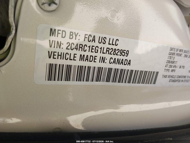 2020 Chrysler Pacifica Touring L Plus მანქანა იყიდება აუქციონზე, vin: 2C4RC1EG1LR282959, აუქციონის ნომერი: 45617732
