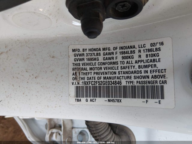 Honda Civic Lx 2016 19XFC2F52GE034846 Image 9