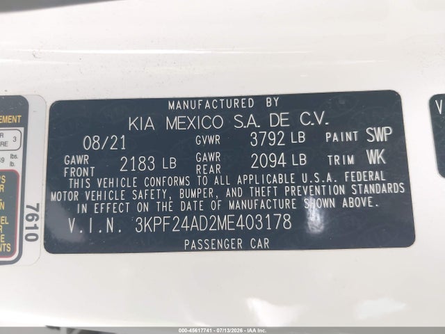 2021 Kia Forte Lxs მანქანა იყიდება აუქციონზე, vin: 3KPF24AD2ME403178, აუქციონის ნომერი: 45617741