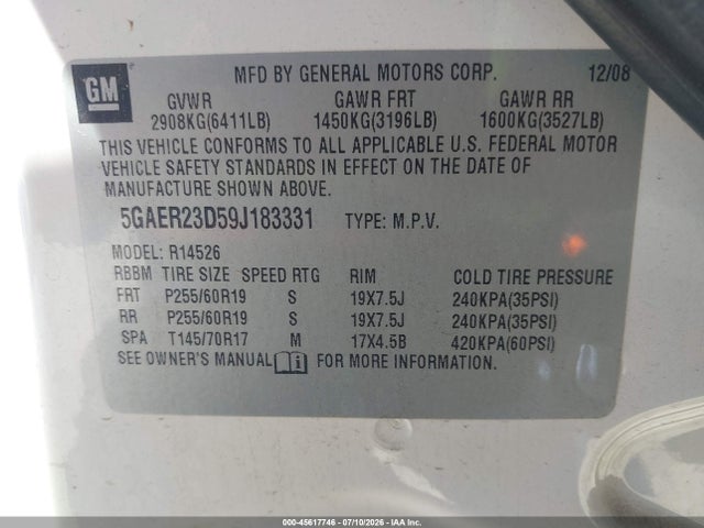 Aukcja sprzedaży 2009 Buick Enclave Cxl, vin: 5GAER23D59J183331, numer aukcji: 45617746