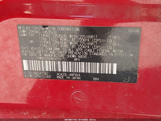 Продажа на аукционе авто 2006 Toyota Rav4, vin: JTMBD33V465026151, номер лота: 45617752