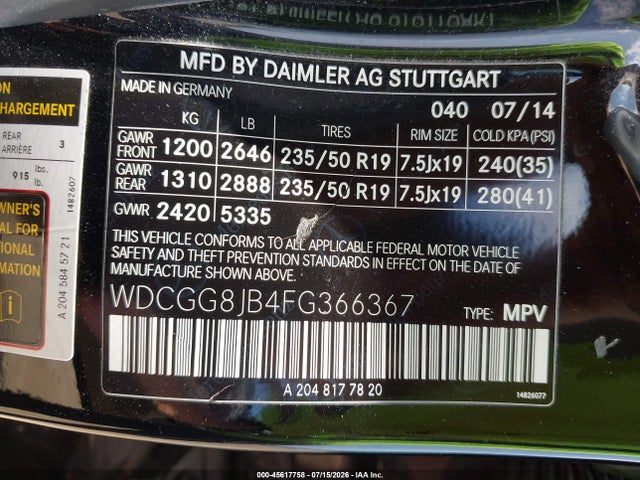 Aukcja sprzedaży 2015 Mercedes-benz Glk 350 4matic, vin: WDCGG8JB4FG366367, numer aukcji: 45617758