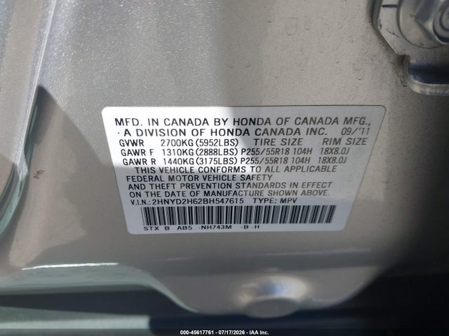 45617761 :رقم المزاد ، 2HNYD2H62BH547615 vin ، 2011 Acura Mdx Technology Package مزاد بيع
