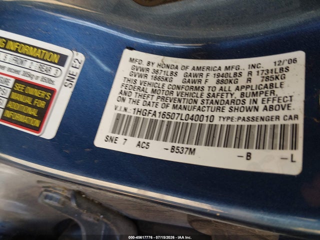45617776 :رقم المزاد ، 1HGFA16507L040010 vin ، 2007 Honda Civic Lx مزاد بيع