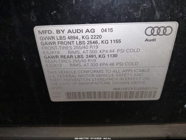 2016 Audi Q3 2.0t Premium Plus მანქანა იყიდება აუქციონზე, vin: WA1GFCFS2GR001254, აუქციონის ნომერი: 45617792