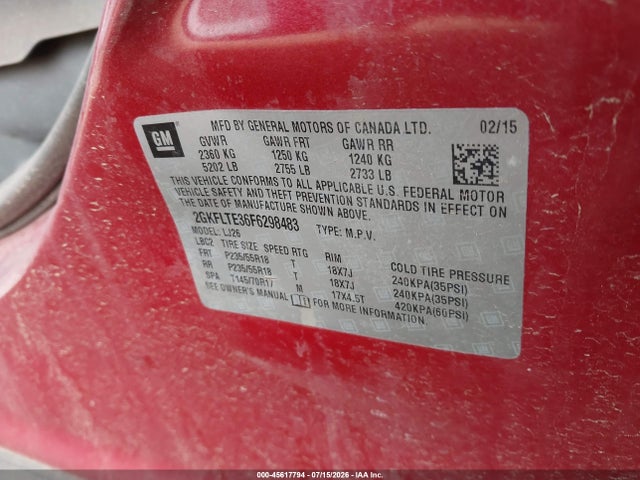 Продажа на аукционе авто 2015 Gmc Terrain Slt-2, vin: 2GKFLTE36F6298483, номер лота: 45617794