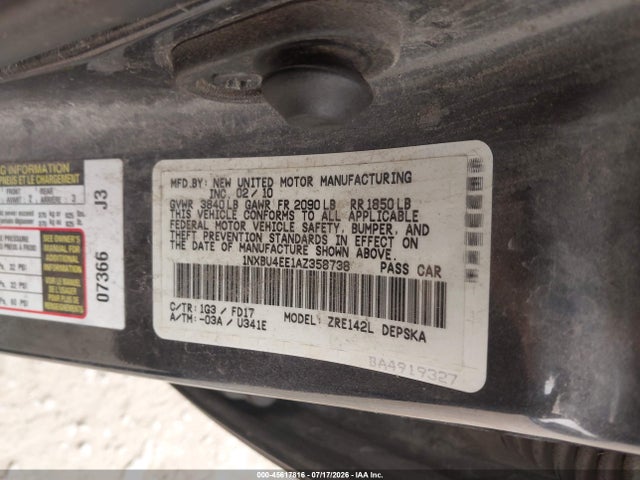 Aukcja sprzedaży 2010 Toyota Corolla S, vin: 1NXBU4EE1AZ358738, numer aukcji: 45617816