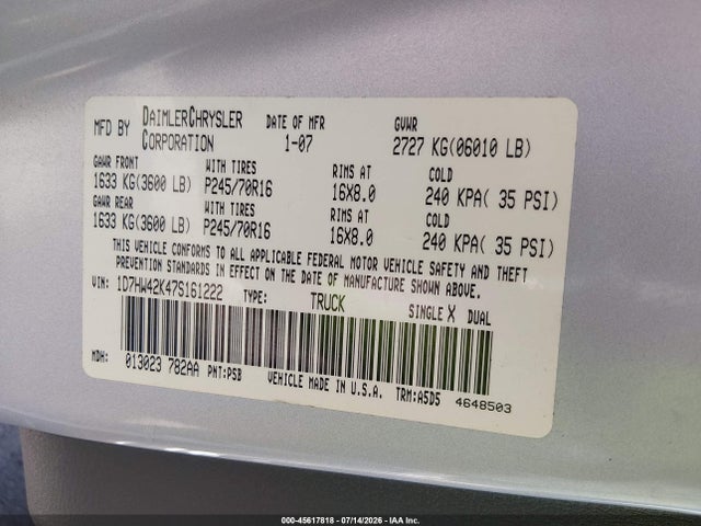 Продажа на аукционе авто 2007 Dodge Dakota Slt, vin: 1D7HW42K47S161222, номер лота: 45617818