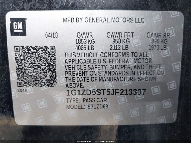 Aukcja sprzedaży 2018 Chevrolet Malibu Lt, vin: 1G1ZD5ST5JF213307, numer aukcji: 45617820