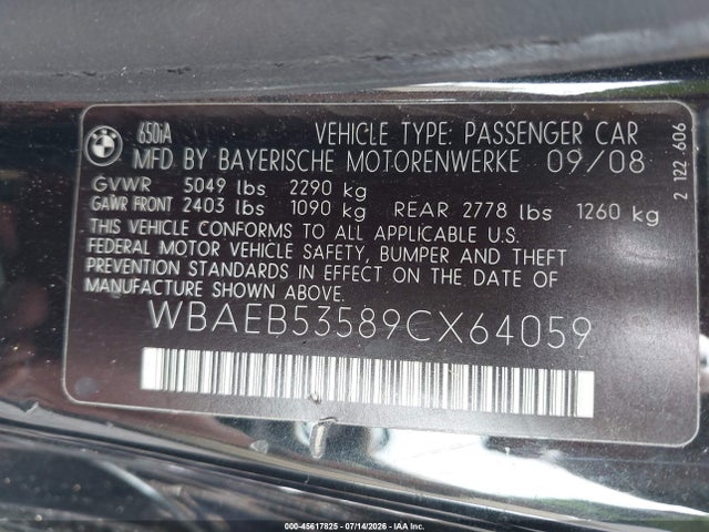 2009 Bmw 650i მანქანა იყიდება აუქციონზე, vin: WBAEB53589CX64059, აუქციონის ნომერი: 45617825