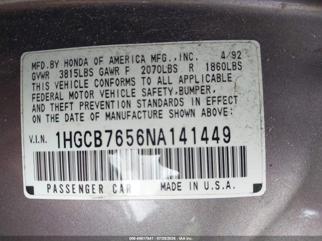1992 Honda Accord Lx მანქანა იყიდება აუქციონზე, vin: 1HGCB7656NA141449, აუქციონის ნომერი: 45617841