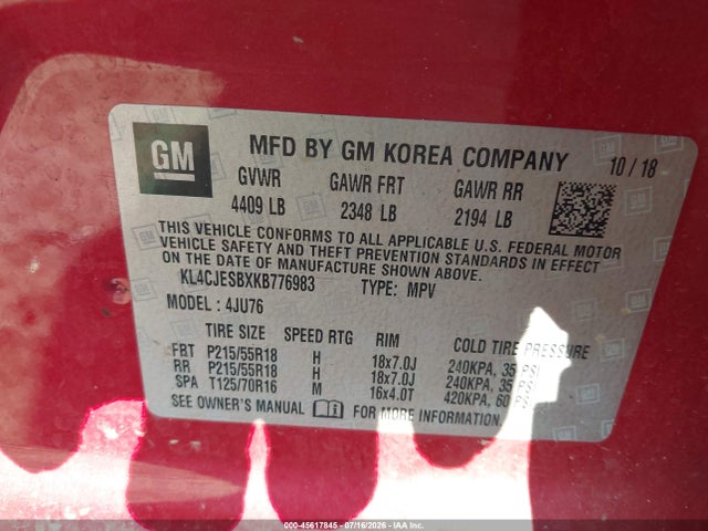 45617845 :رقم المزاد ، KL4CJESBXKB776983 vin ، 2019 Buick Encore Awd Preferred مزاد بيع