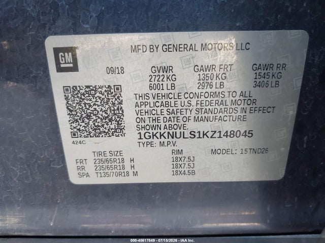 Aukcja sprzedaży 2019 Gmc Acadia Slt-1, vin: 1GKKNULS1KZ148045, numer aukcji: 45617849