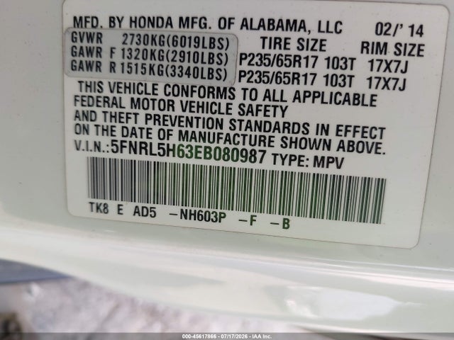 Honda Odyssey Ex-l 2014 5FNRL5H63EB080987 Image 9