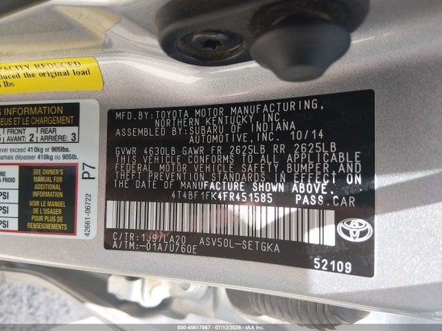 45617867 :رقم المزاد ، 4T4BF1FK4FR451585 vin ، 2015 Toyota Camry Xle مزاد بيع
