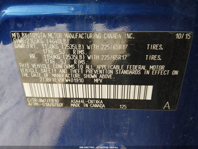Toyota RAV4 LE 2015 2T3BFREV9FW401910 Image 9