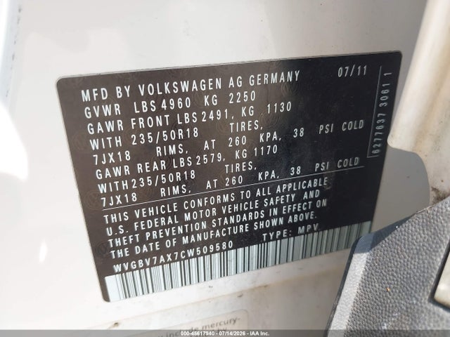 Aukcja sprzedaży 2012 Volkswagen Tiguan Se, vin: WVGBV7AX7CW509580, numer aukcji: 45617940
