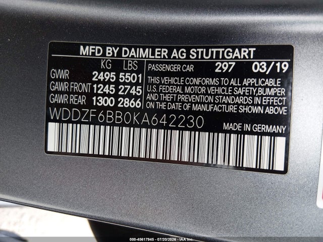 45617945 :رقم المزاد ، WDDZF6BB0KA642230 vin ، 2019 Mercedes-benz Amg E 53 4matic مزاد بيع