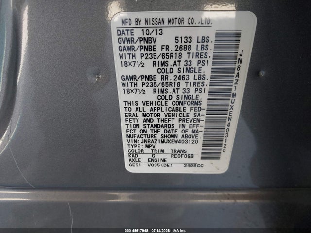 JN8AZ1MUXEW403120 Nissan MURANO SL