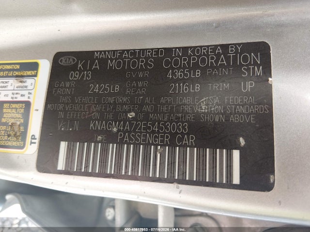 45617953 :رقم المزاد ، KNAGM4A72E5453033 vin ، 2014 Kia Optima Lx مزاد بيع